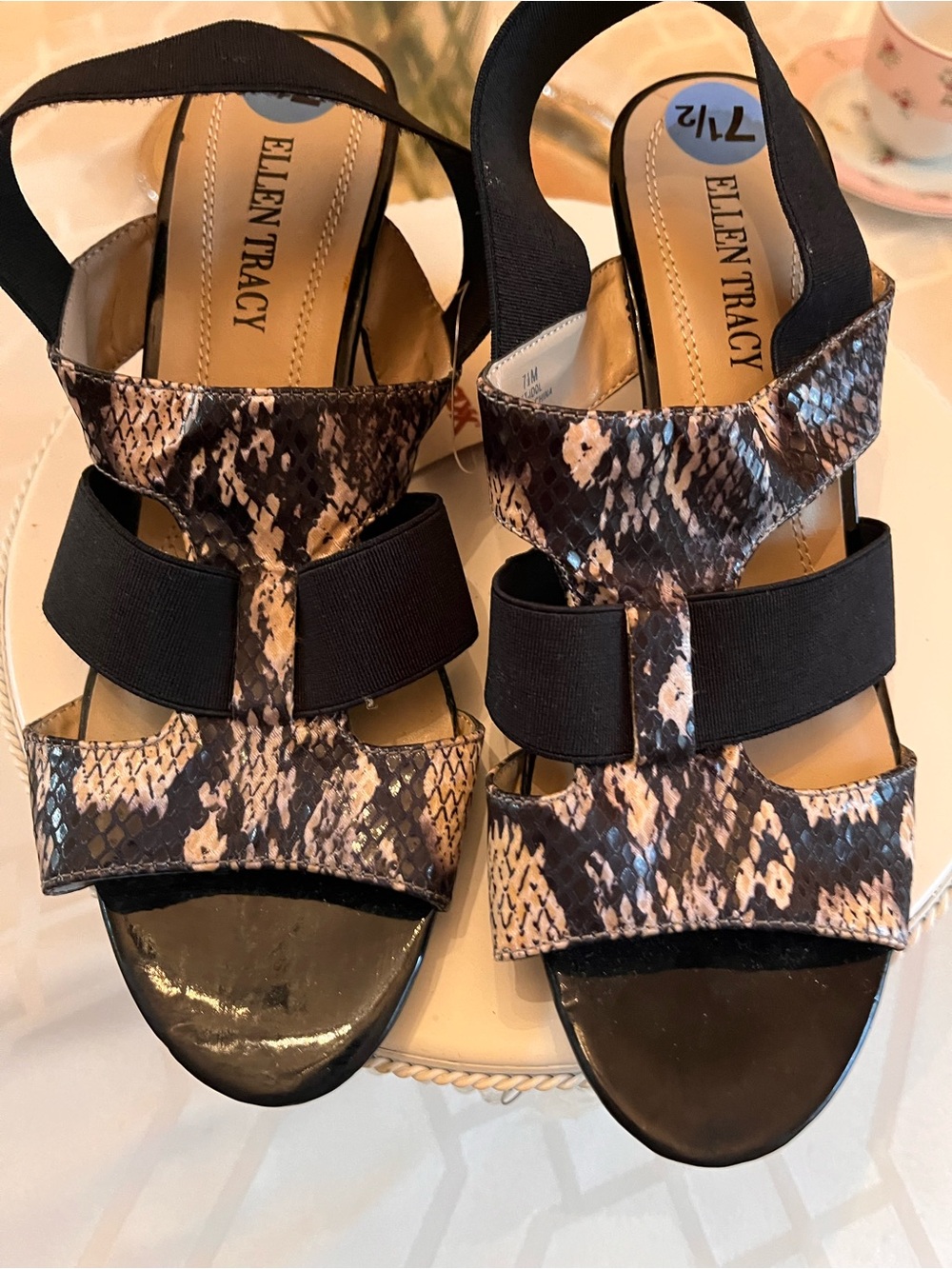 Ellen Tracy Black Sandals with Snake-Print Straps-Size 7 1/2